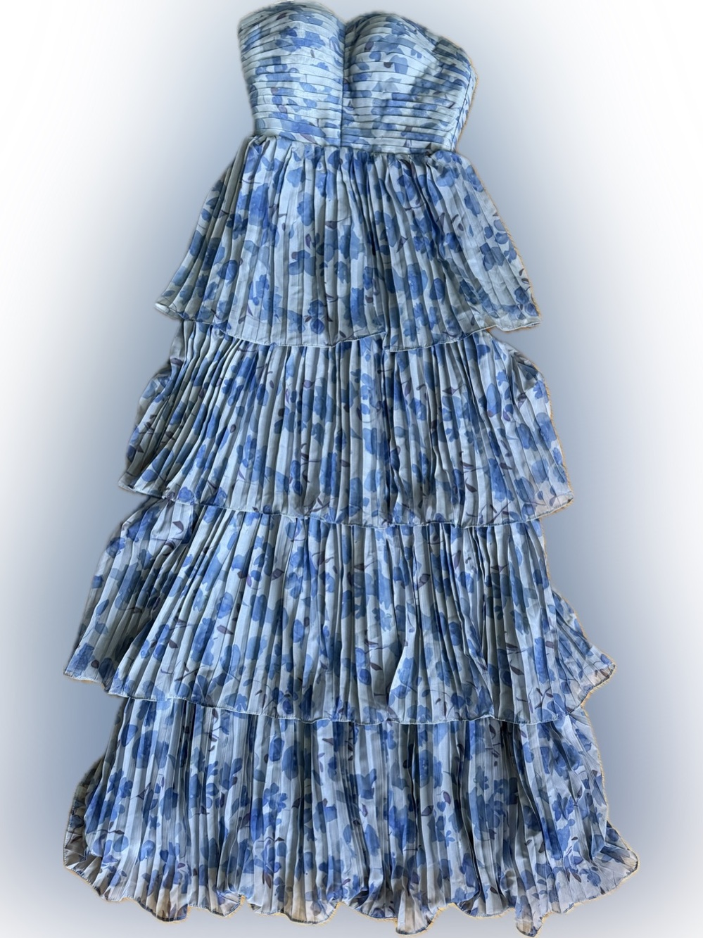 Blue Floral Tiered Pleated Women's Maxi Dress